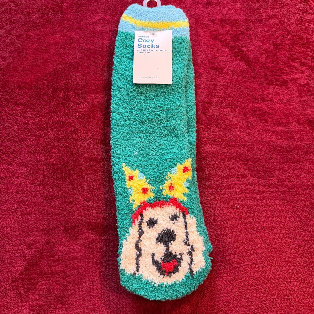 Old Navy Womens Cozy Socks Golden Retriever Dog Party Hat Green One Size NWT